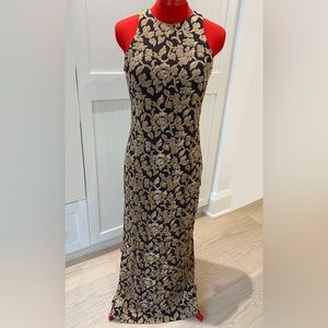 Vintage Joseph Ribkoff Dress, Maxi, Velvet Floral Print, Brown/Tan, (US M)